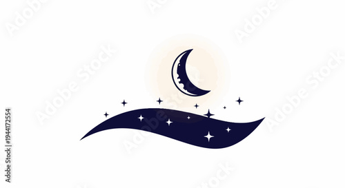 Crescent moon and scattered stars on a dark wavy silhouette against soft light