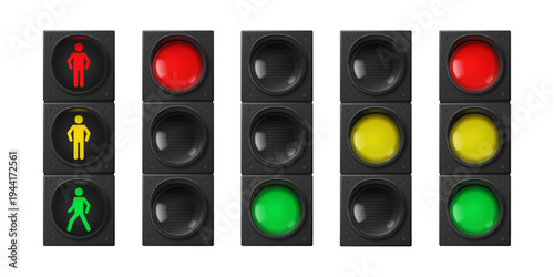 3D street traffic lights set isolated on background. Vector realistic illustration of red stop, yellow warning and green go signals for pedestrians and transport, semaphore lights with man silhouette