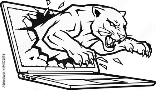 Fierce feline erupts from cracked laptop screen with sharp claws extended