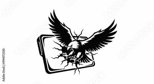 Aggressive eagle breaking through a rectangular frame with its talons