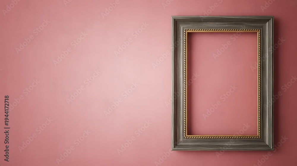 Fototapeta premium Empty picture frame on red wall, interior design element