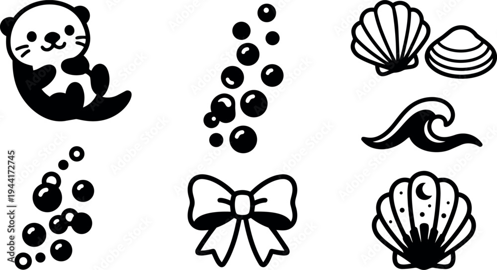 Fototapeta premium Black and white vector art of cute otter floating with bubbles sea shells wave and decorative bow in minimal style