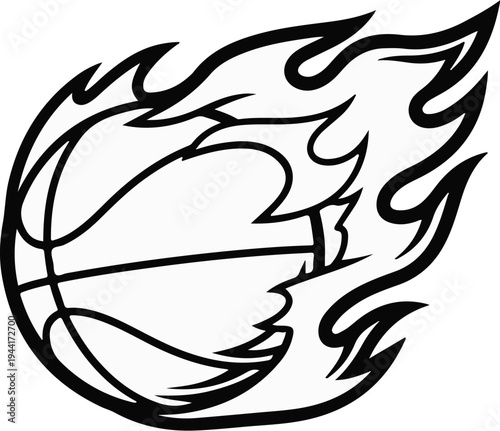 A stylized black and white illustration of a basketball engulfed in flames