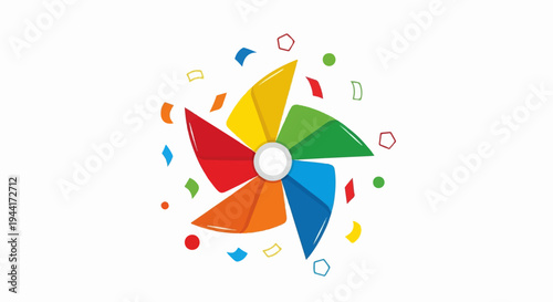 Colorful pinwheel with scattered confetti and geometric shapes