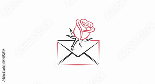 A single red rose with thorns sits atop an open envelope