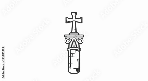Ornate pillar supporting a bold cross, rendered in monochrome
