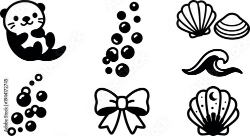 Black and white vector art of cute otter floating with bubbles sea shells wave and decorative bow in minimal style