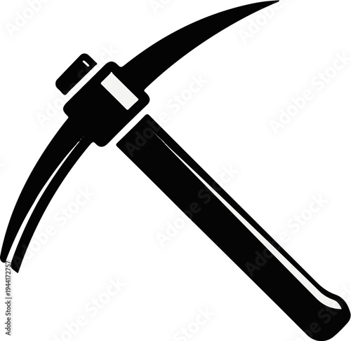Black pickaxe with a sturdy handle on a white background
