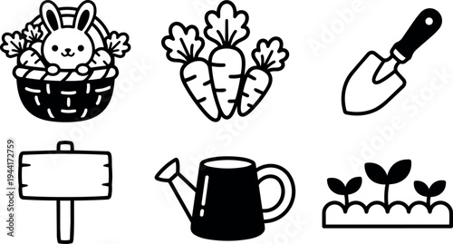 Cute bunny in basket with carrots three fresh carrots garden shovel watering can plant sprouts vector line art