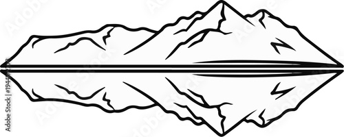 Stylized mountain range reflected in still water, simple line art