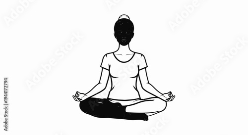 Woman in lotus position with dark face and legs, meditating peacefully