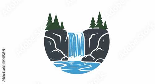 Stylized waterfall cascade over rocks with pine trees