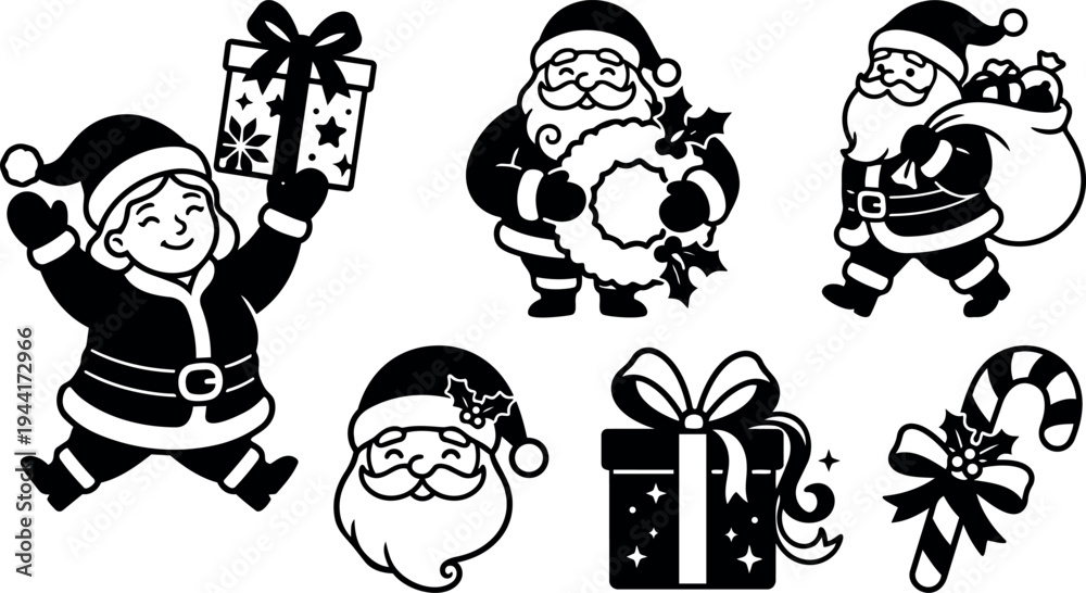 Obraz premium Black and white christmas vector icons featuring smiling child holding gift santa claus with wreath and sack festive elements classic holiday motifs flat design style set
