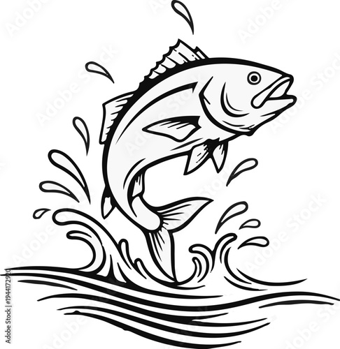 A stylized drawing shows a fish leaping from stylized water waves