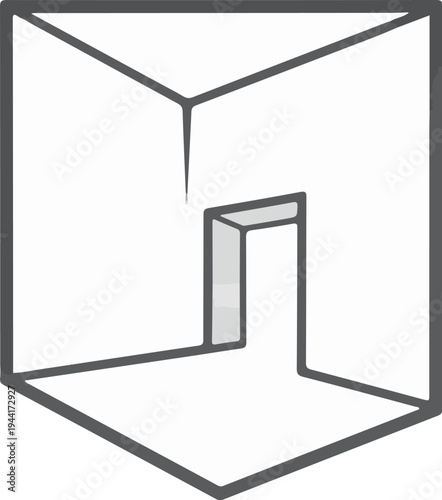 Abstract architectural depiction of an open cube with an internal feature