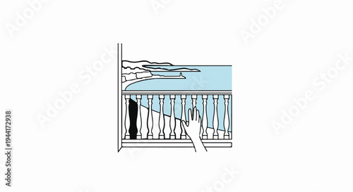 Hand reaching over ornate railing towards bright blue sea and distant coast