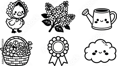 Cute black and white vector icons set with smiling chick wearing bonnet blooming lilac basket of flowers watering can rosette and happy cloud
