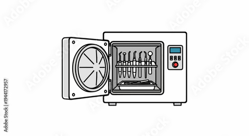 Open autoclave with dental tools sterilized inside