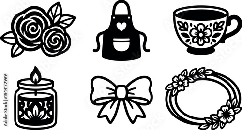 Black and white minimalist vector icons of floral bouquet apron cup candle bow and floral frame elegant decorative elements