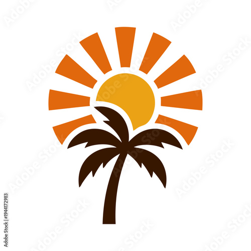 Logo agencia de viajes. Vacaciones de verano. Dibujo sencillo con silueta de la palma con un sol asomando por encima