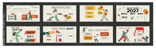 Set of New Year Sale 2027: Colorful Shopping & Discount Banners Featuring 30–80% Off Deals for Festive Retail and Holiday Promotions