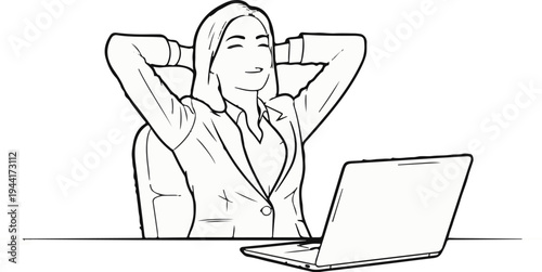 Woman in suit leaning back in chair, hands behind head, looking at laptop