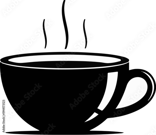 A steaming black coffee cup with a simple design and white background