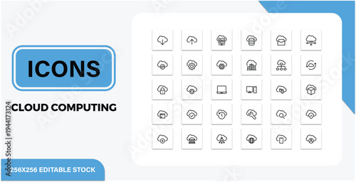 A comprehensive set of thirty cloud computing line icons for technology and digital business projects.