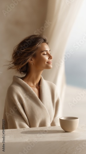 Woman Enjoying Morning Coffee in Warm Sunlight at Home