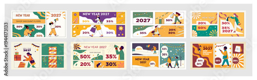 Set of New Year Sale 2027: Colorful Festive Discount Banners Featuring 20–70% Off Deals for Holiday Shopping & Promotional Campaigns