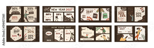 Set of New Year Sale 2027: Vintage‑Style Discount Banners Featuring 20–80% Off Deals for Holiday Shopping & Promotional Campaigns