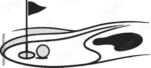 Stylized golf course scene with flag, ball, and sand trap