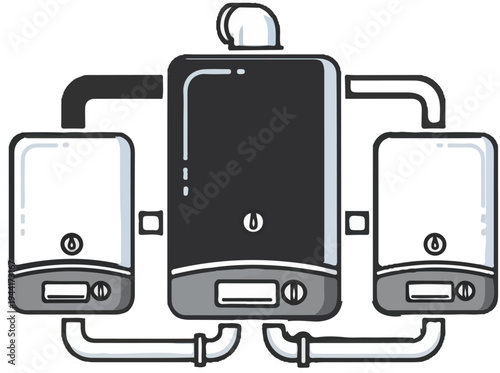 Connected heating units with pipes and a central larger unit