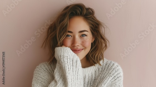 Smiling Young Woman with Freckles Wearing Cozy Sweater Portrait
