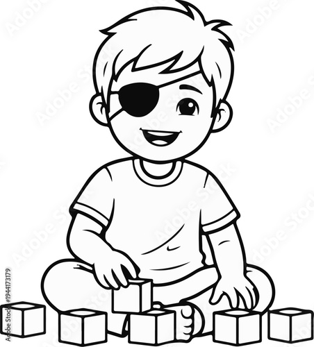 A smiling child wearing an eyepatch plays with blocks