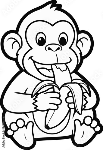 Adorable cartoon monkey happily eating a peeled banana with its tongue out