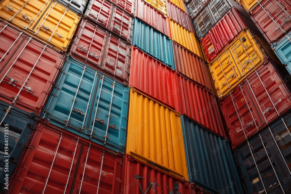 Fototapeta premium Tower of Multicolored Shipping Containers Global Logistics and Freight Concept