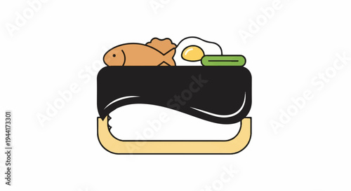 Stylized illustration of a sushi roll with fish, egg, and avocado