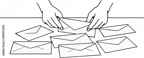Hands sorting through a pile of sealed envelopes on a flat surface