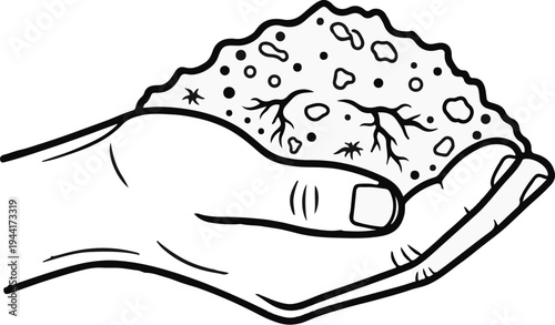 Hand holding a textured clump of earth with roots and pebbles