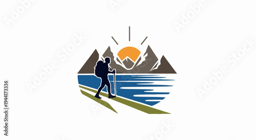 Hiker with backpack and poles walks by water toward mountains at sunset