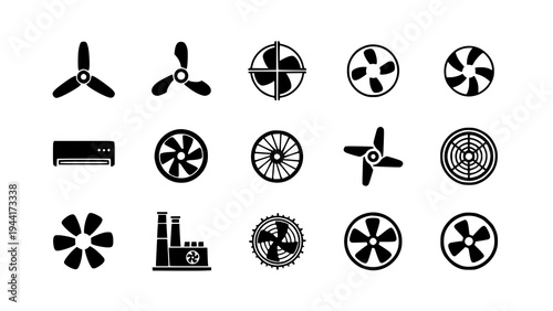 Flat fan and propeller icons vector set with ventilator cooler air conditioner and turbine symbols isolated on transparent background