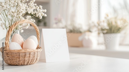 Minimal Easter invitation mockup with blank card, eggs and wicker basket