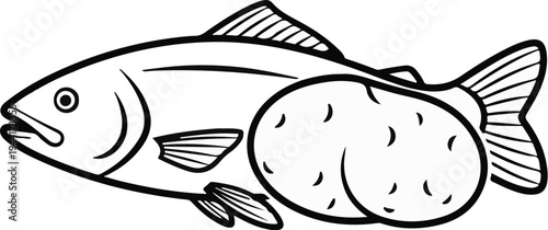 A simple black and white line drawing of a fish with a potato shape in its belly