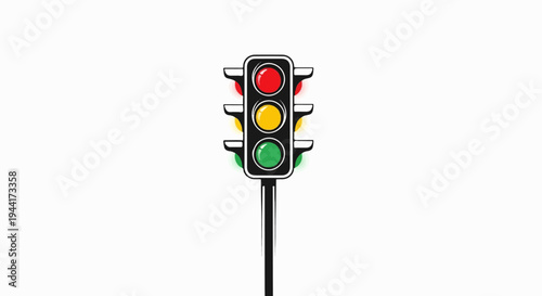 Stylized traffic signal showing red, yellow, and green lights illuminated