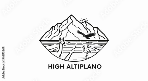 A stylized geometric landscape featuring mountains, animals, and sun