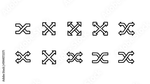 Shuffle crossed arrows icons vector set with two way mixed arrow symbols for app ui ux and web design isolated on transparent background