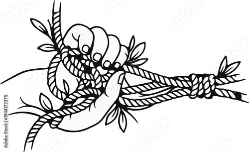 Hands hold rope entwined with leaves, a symbol of connection or binding