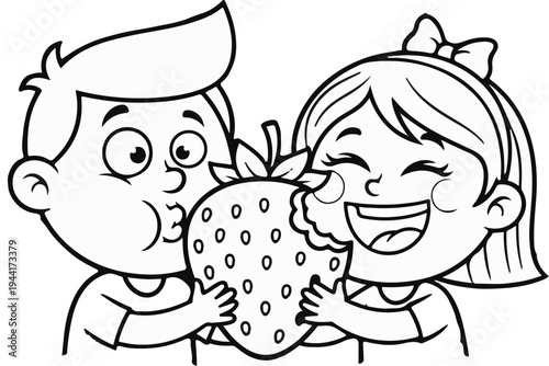 Two children happily share a large, delicious strawberry, biting into it with glee