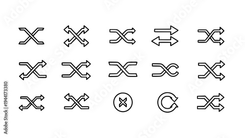 Black and white shuffle arrow icons collection with crossed and mixed direction symbols for ui ux interface isolated on transparent background